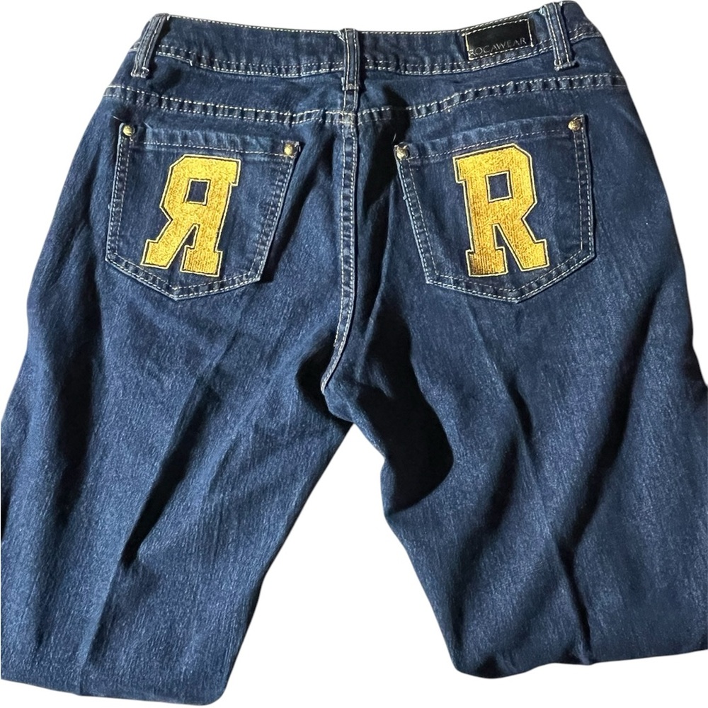 ROCAWEAR DENIM JEANS GIRLS JR SZ 11 TALL DARK WASH Y2K YELLOW R BACK POCKET